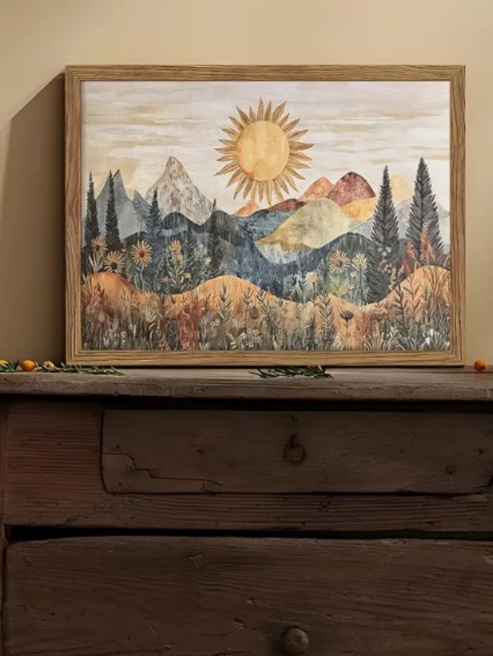 Boho Sun Mountain Scenery Framed Wall Art Wood Framed Canvas Print 16"x12"